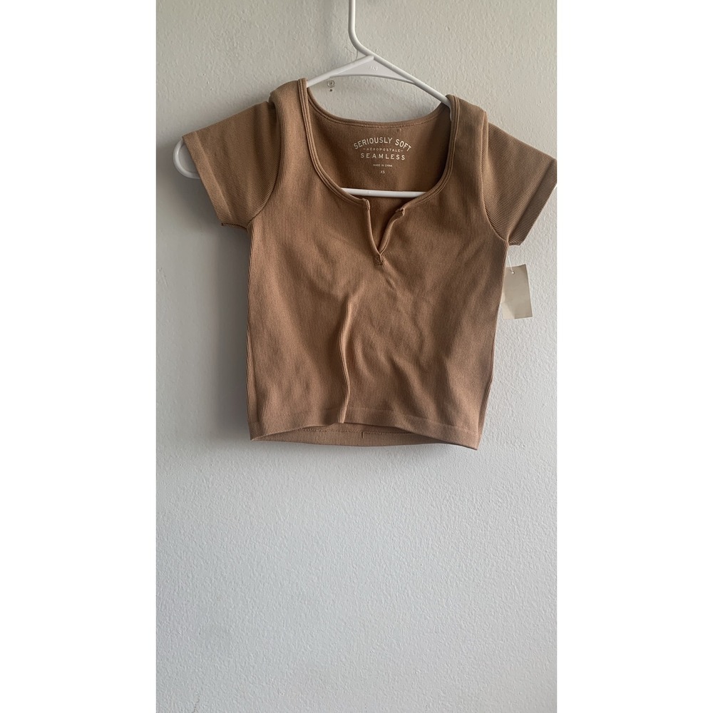 Aeropostale Seriously Soft Seamless Ribbed Crop Top Tan Brown XS 3837